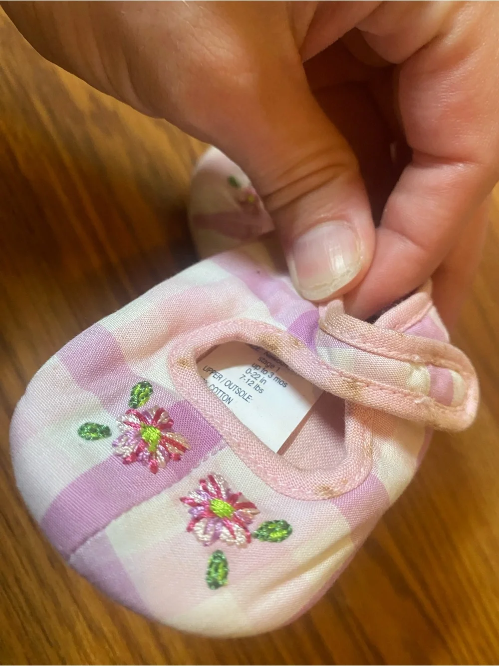 GAP Pink Plaid Mary Jane Baby Booties with Floral Embroidery